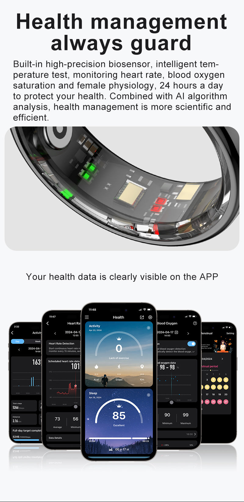 YEESH - R08 Smart Ring – Smart Hälsoring med Pulsmätare, SpO₂, Sömnmätning, Stressmätning och Aktivitetsspårning