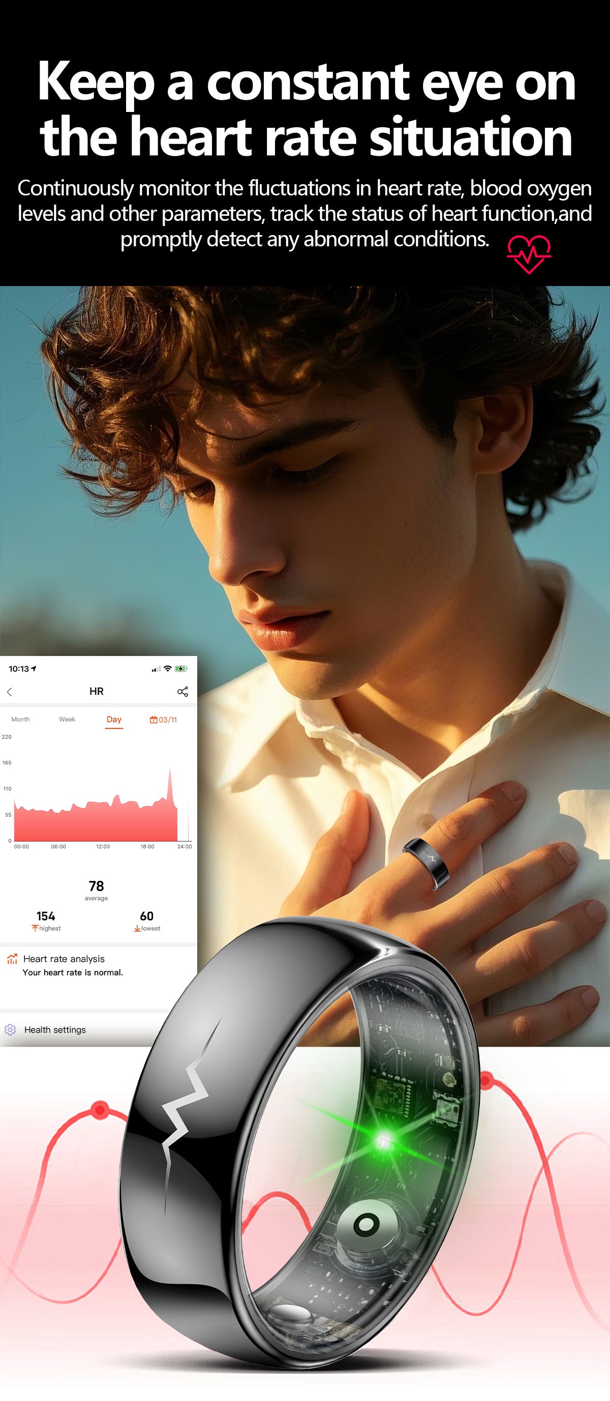 YEESH - Q520 Smart Ring – Premium Hälsoring med ECG, Pulsmätning, AI Hälsomonitorering och 5 ATM Vattentålighet