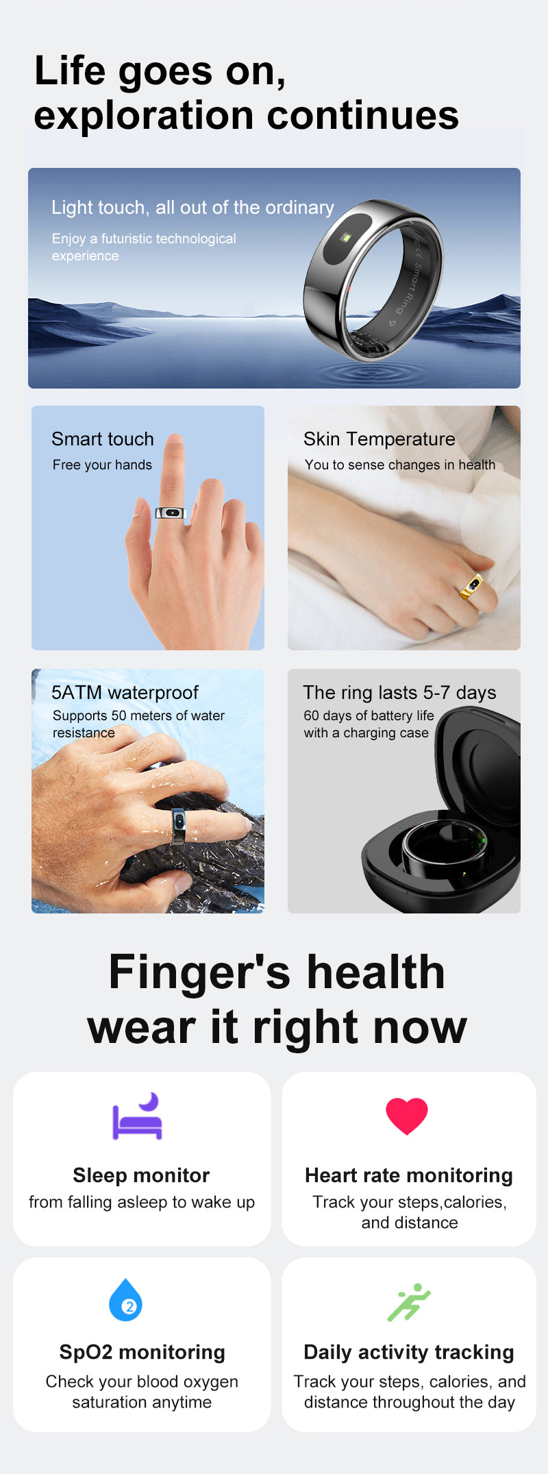 YEESH - R08 Smart Ring – Smart Hälsoring med Pulsmätare, SpO₂, Sömnmätning, Stressmätning och Aktivitetsspårning