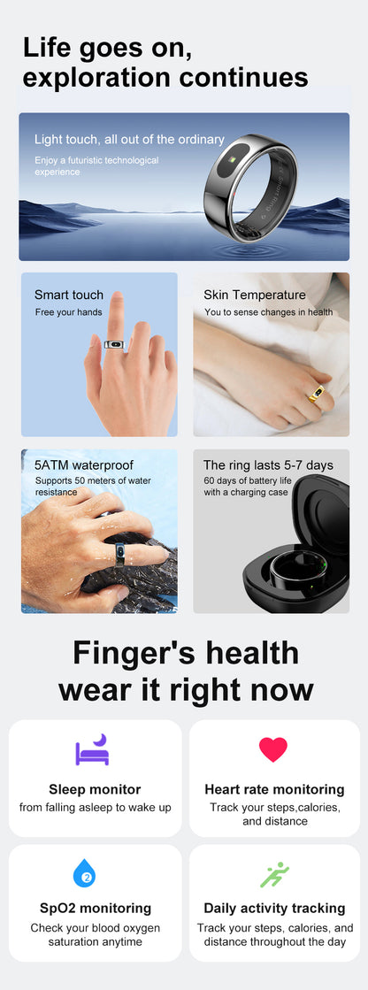 YEESH - R08 Smart Ring – Smart Hälsoring med Pulsmätare, SpO₂, Sömnmätning, Stressmätning och Aktivitetsspårning