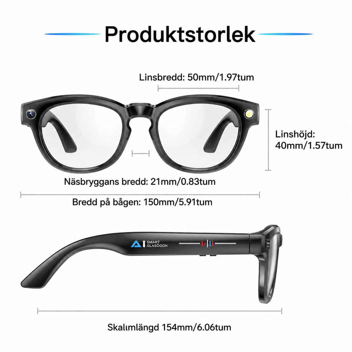 YEESH - GS380 AI Smart Glasses – Smarta Glasögon med HD-kamera, AI-assistent, Bluetooth & LED-lampa