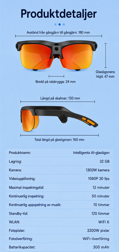 YEESH - E08 AI Smart Glasses – Premium Smarta Glasögon med 13 MP-kamera, Wi-Fi 6, AI-assistent & Realtidsöversättning